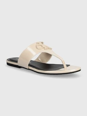 Calvin Klein Jeans japonki FLAT SANDAL SLIDE TOEPOST MG MET damskie kolor beżowy na płaskim obcasie YW0YW01342