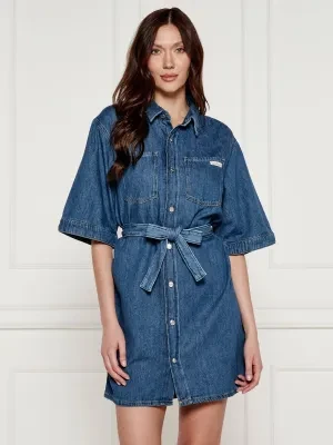 Calvin Klein Jeans Jeansowa sukienka z paskiem | z dodatkiem lnu
