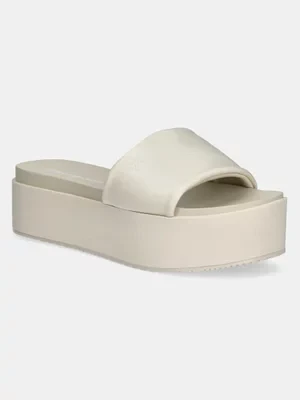 Calvin Klein Jeans klapki FLATFORM SANDAL SLIDE IN NYLON damskie kolor beżowy na platformie YW0YW01791