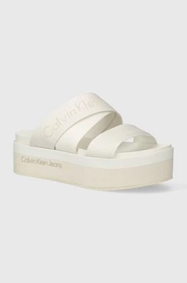 Calvin Klein Jeans klapki FLATFORM SANDAL WEBBING IN MR damskie kolor beżowy na platformie YW0YW01361CHEAPER