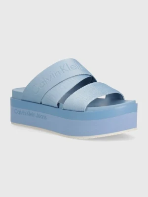 Calvin Klein Jeans klapki FLATFORM SANDAL WEBBING IN MR damskie kolor niebieski na platformie YW0YW01361