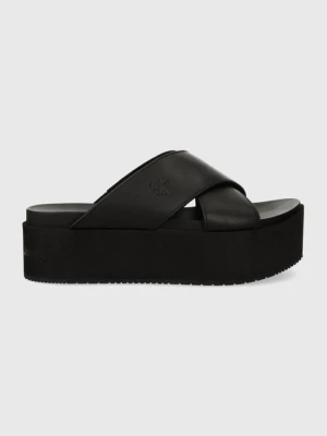 Calvin Klein Jeans klapki skórzane FLATFORM CROSS MG UC damskie kolor czarny na platformie YW0YW01349