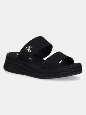 Calvin Klein Jeans klapki SPORTY ROPE MG LTH WEBBING damskie kolor czarny na koturnie YW0YW01704