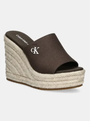 Calvin Klein Jeans klapki WEDGE ROPE SLIDE MG damskie kolor brązowy na koturnie YW0YW01699