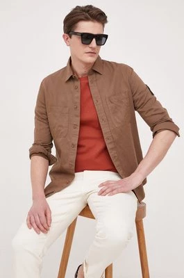 Calvin Klein Jeans koszula z domieszką lnu kolor brązowy regular z kołnierzykiem klasycznym