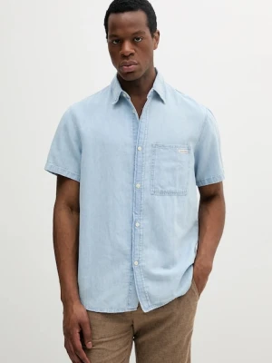 Calvin Klein Jeans koszula z domieszką lnu męska kolor niebieski regular z kołnierzykiem klasycznym J30J327180