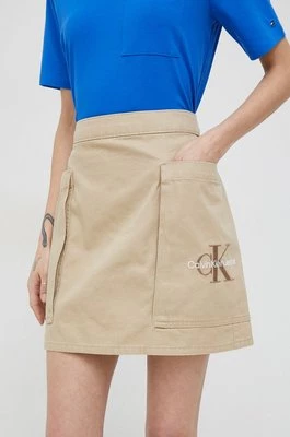 Calvin Klein Jeans spódnica bawełniana kolor beżowy mini prosta