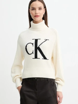 Calvin Klein Jeans sweter bawełniany damski kolor beżowy ciepły z golfem LV047D349G
