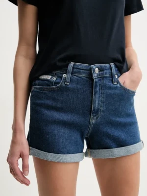 Calvin Klein Jeans szorty damskie kolor niebieski gładkie high waist J20J225160