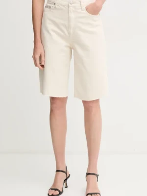 Calvin Klein Jeans szorty z domieszką lnu damskie kolor beżowy gładkie high waist J20J225163