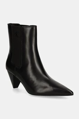 Calvin Klein Jeans sztyblety skórzane 55 MM CONE HEEL BOOT MG LTH damskie kolor czarny na słupku YW0YW01676