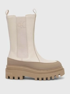 Calvin Klein Jeans sztyblety skórzane FLATFORM CHELSEA BOOT LTH WN damskie kolor beżowy na platformie YW0YW01111