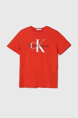 Calvin Klein Jeans t-shirt bawełniany dziecięcy kolor czerwony z nadrukiem
