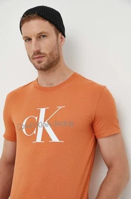 Calvin Klein Jeans t-shirt bawełniany kolor pomarańczowy z nadrukiem