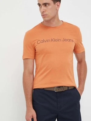 Calvin Klein Jeans t-shirt bawełniany kolor pomarańczowy z nadrukiem