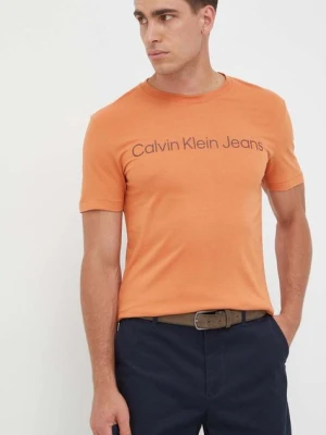 Calvin Klein Jeans t-shirt bawełniany kolor pomarańczowy z nadrukiem