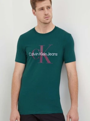 Calvin Klein Jeans t-shirt bawełniany kolor turkusowy z nadrukiem