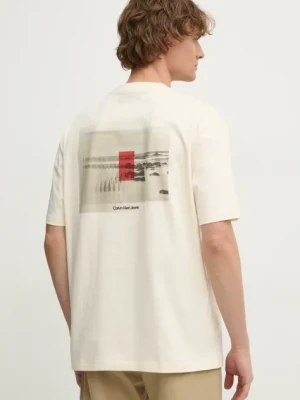 Calvin Klein Jeans t-shirt bawełniany męski kolor beżowy z aplikacją J30J327094