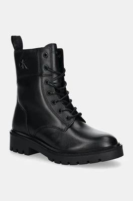 Calvin Klein Jeans workery skórzane COMBAT BOOT MID ZIP LTH IN CALF damskie kolor czarny na płaskim obcasie YW0YW01550