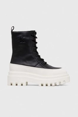 Calvin Klein Jeans workery skórzane FLATFORM LACE UP BOOT LTH damskie kolor czarny na platformie YW0YW01110