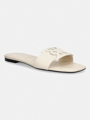 Calvin Klein klapki damskie skórzane SQUARE FLAT SANDAL EMBLEM beżowy