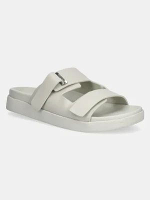 Calvin Klein klapki skórzane FLAT ADJ SLIDE EYELET damskie kolor beżowy HW0HW02489