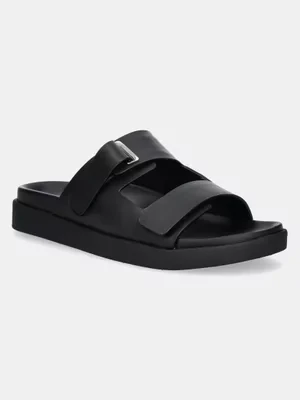 Calvin Klein klapki skórzane FLAT ADJ SLIDE EYELET damskie kolor czarny HW0HW02489