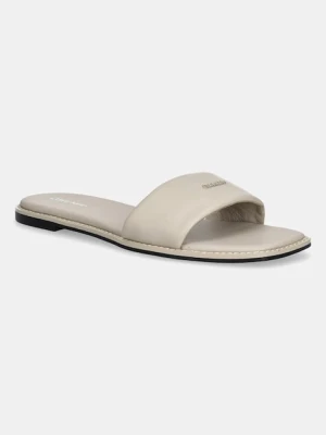 Calvin Klein klapki skórzane FLAT SANDAL SQUARE HF LTH damskie kolor beżowy HW0HW02652