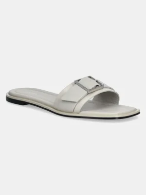 Calvin Klein klapki skórzane FLAT SLIDE W/BUCKLE - LTH damskie kolor beżowy HW0HW02490
