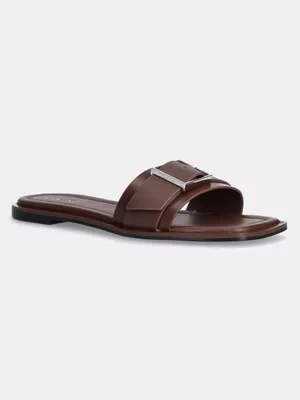 Calvin Klein klapki skórzane FLAT SLIDE W/BUCKLE - LTH damskie kolor brązowy HW0HW02490