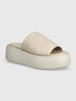 Calvin Klein klapki skórzane FLATFORM SLIDE LTH damskie kolor beżowy na platformie HW0HW01943