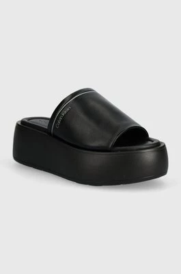 Calvin Klein klapki skórzane FLATFORM SLIDE LTH damskie kolor czarny na platformie HW0HW01943
