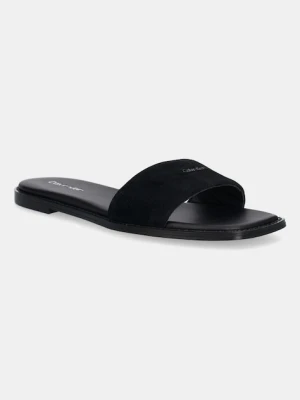 Calvin Klein klapki zamszowe FLAT SANDAL SQUARED HF SUE damskie kolor czarny HW0HW02557