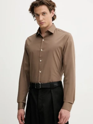 Calvin Klein koszula męska kolor brązowy slim z kołnierzykiem klasycznym LV019EU037