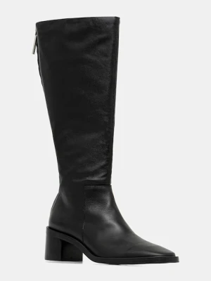 Calvin Klein kozaki skórzane BLOCK HEEL KNEE BOOT LTH damskie kolor czarny na słupku HW0HW02812