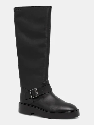 Calvin Klein kozaki skórzane CONCAVE WELT UKT BIKER PB damskie kolor czarny na płaskim obcasie YW0YW01972