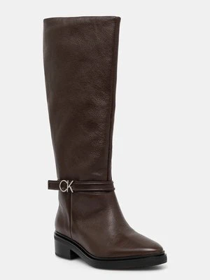 Calvin Klein kozaki skórzane HEEL KNEE BOOT 30 W/HW LTH damskie kolor brązowy na platformie HW0HW02184