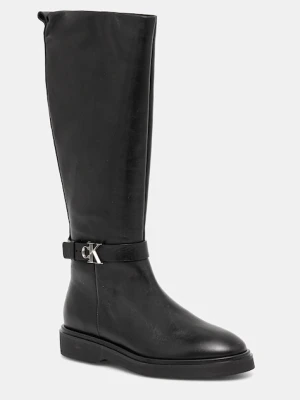 Calvin Klein kozaki skórzane KNEE BOOT W/ METAL LOGO damskie kolor czarny na płaskim obcasie HW0HW02665