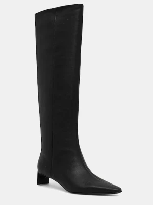 Calvin Klein kozaki skórzane SET BACK KITTEN HEEL KNEE BOOT damskie kolor czarny na słupku HW0HW02587