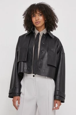 Calvin Klein kurtka skórzana damska kolor czarny przejściowa