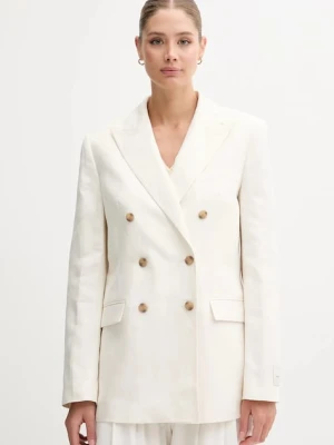 Calvin Klein marynarka lniana kolor beżowy dwurzędowa gładka LV044B404G