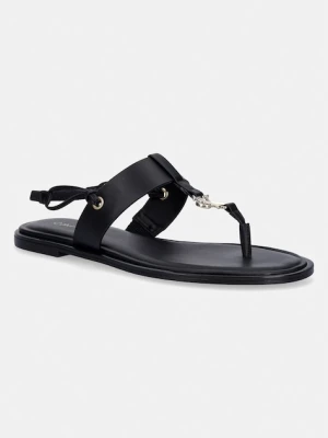 Calvin Klein sandały na płaskim obcasie damskie skórzane ROUND FLAT SNDL THONG LTH HDW czarny