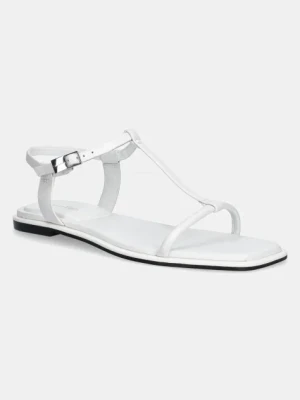 Calvin Klein sandały skórzane FLAT SANDAL SQUARED BUCKLE LTH damskie kolor biały HW0HW02556