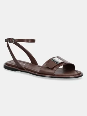 Calvin Klein sandały skórzane FLAT SANDAL W/CK HW - LTH damskie kolor brązowy HW0HW02367