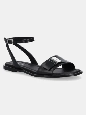 Calvin Klein sandały skórzane FLAT SANDAL W/CK HW - LTH damskie kolor czarny HW0HW02367