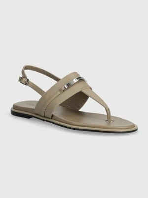 Calvin Klein sandały skórzane FLAT TP SANDAL METAL BAR LTH damskie kolor beżowy HW0HW02031