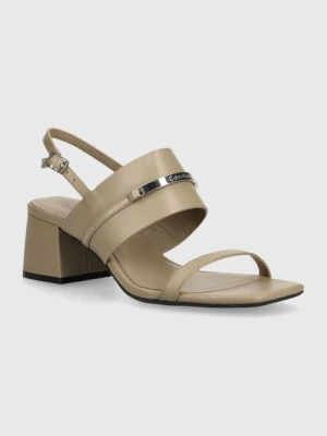 Calvin Klein sandały skórzane HEEL SANDAL 45 MET BAR LTH kolor beżowy HW0HW02056