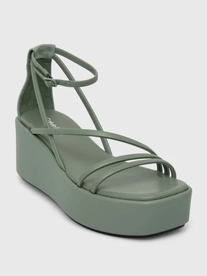 Calvin Klein sandały skórzane WEDGE SANDAL 30 LTH damskie kolor zielony na platformie HW0HW01949