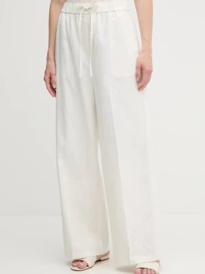 Calvin Klein spodnie lniane damskie kolor beżowy szerokie high waist LV044B676G