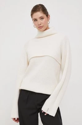 Calvin Klein sweter wełniany damski kolor beżowy ciepły z golfem